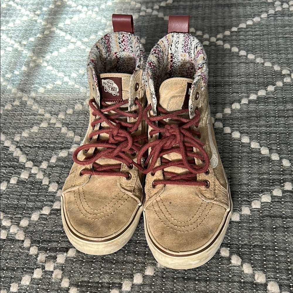 Vans Tan and Red Suede High-Top Sneakers